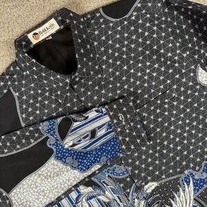 Vintage Batik Keris Shirt Mens L / 17 Blue Black Print Silky Blouse Boho Lagan